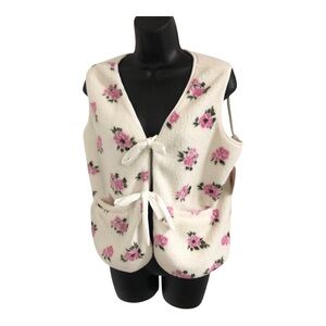Ivory pink rose flower print sherpa sherling look open tie-front vest size XL